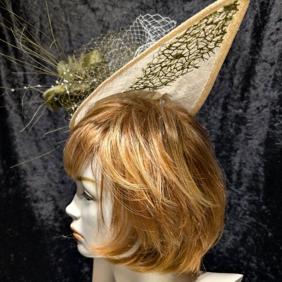 Ivory Fascinator with Olive Green & Ivory French Netting & Feathers main image 10